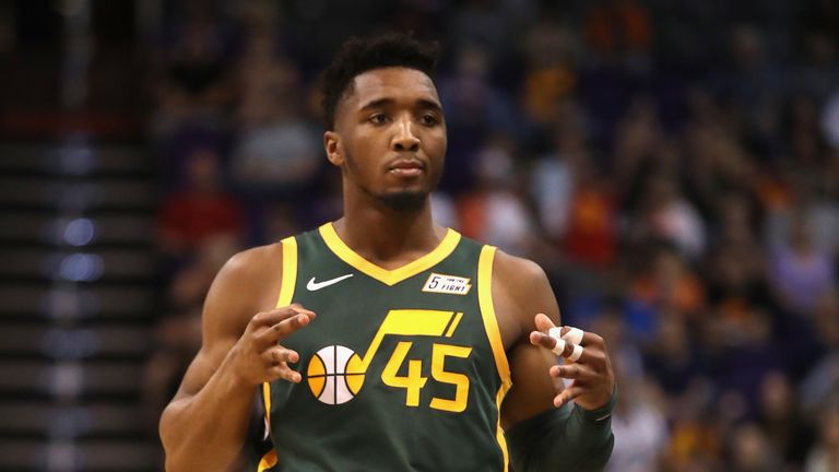Donovan Mitchell #45 of the Utah Jazz reacts to a three-point shot against the Phoenix Suns during the second half of the NBA game at Talking Stick Resort Arena on April 03, 2019 in Phoenix, Arizona.