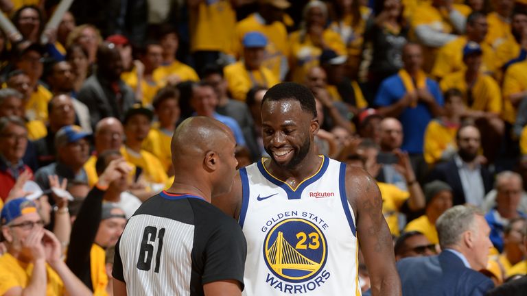 Referee Courtney Kirkland #61 talks with Draymond Green #23 of the Golden State Warriors against the Houston Rockets during Game One of the Western Conference Semi-Finals of the 2019 NBA Playoffs on April 28, 2019 at ORACLE Arena in Oakland, California.
