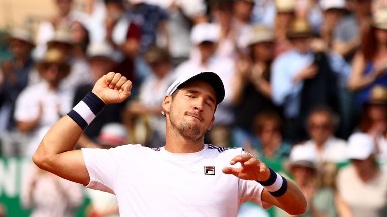 Dusan Lajovic of Serbia celebrates to the crowd after his straight sets victory against Daniil Medvedev of Russia in their semifinal match during day seven of the Rolex Monte-Carlo Masters at Monte-Carlo Country Club on April 20, 2019 in Monte-Carlo, Monaco. 