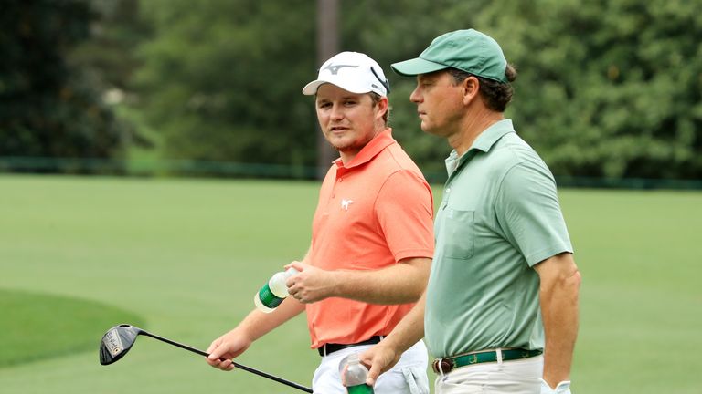 Eddie Pepperell (left) with Jeff Knox during the third round of the Masters