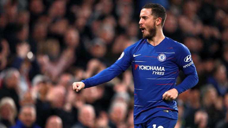 Eden Hazard celebrates making it 2-0 against Brighton