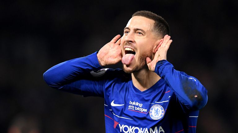 Eden Hazard celebrates after scoring the first of two goals against West Ham