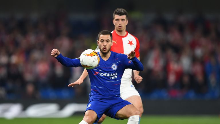 LONDON, ENGLAND - APRIL 18: Eden Hazard of Chelsea is challenged by Ondrej Kudela of SK Slavia Praha during the UEFA Europa League Quarter Final Second Leg match between Chelsea and Slavia Praha at Stamford Bridge on April 18, 2019 in London, England. (Photo by Harriet Lander/Getty Images)