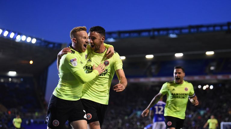Enda Stevens (right) celebrates scoring for Sheffield United against Birmingham