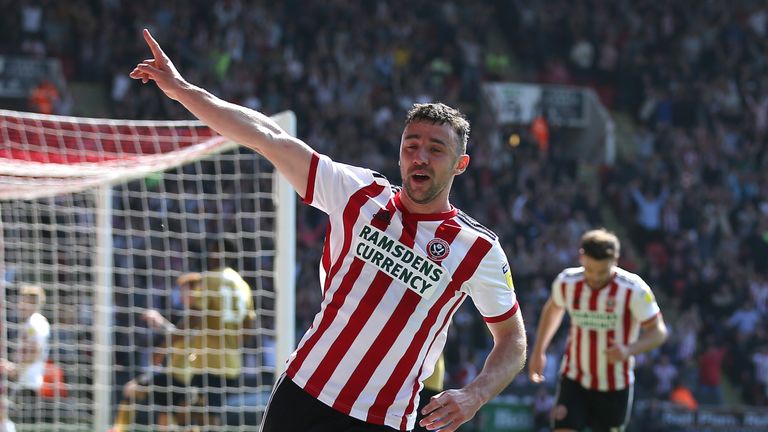 Enda Stevens celebrates scoring Sheffield United's second goal of the game