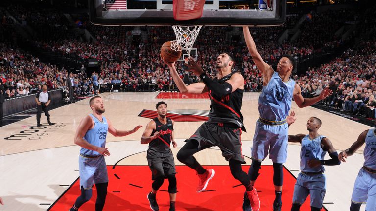 Enes Kanter #00 of the Portland Trail Blazers goes to the basket against the Memphis Grizzlies on April 3, 2019 at the Moda Center in Portland, Oregon.