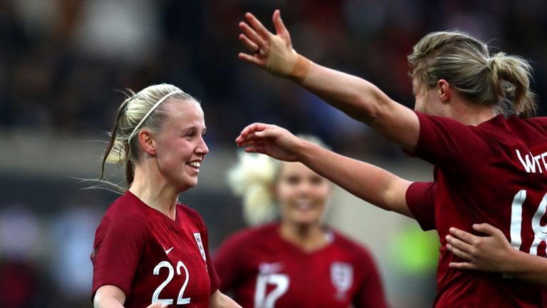 Beth Mead celebrates after scoring England's opener against Spain