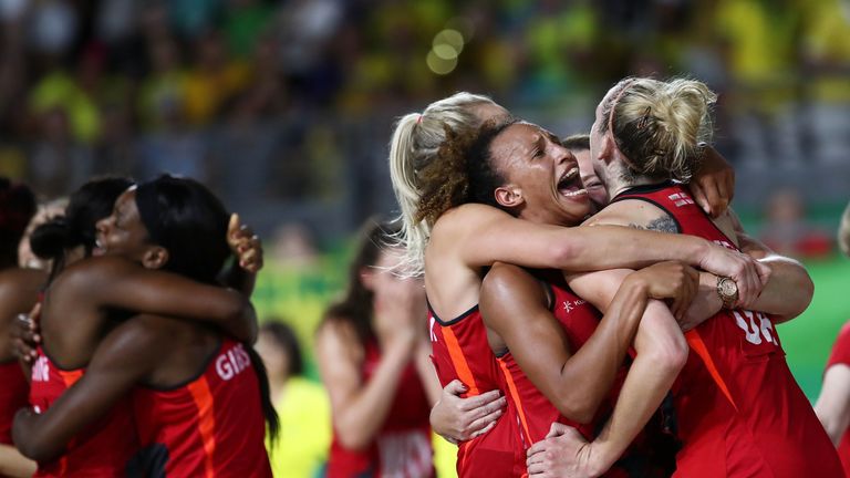 England's netballers celebrate winning gold at the Commonwealth Games in 2018 
