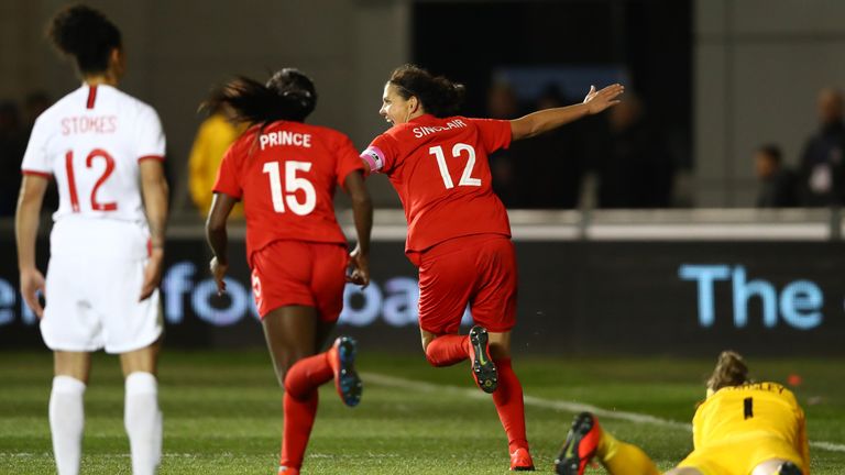 Christine Sinclair celebrates her goal for Canada against England