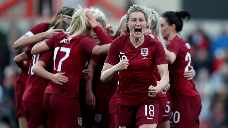 England's Ellen White celebrates after her side go 1-0 up during the International Friendly match at the Energy Check County Ground, Swindon.