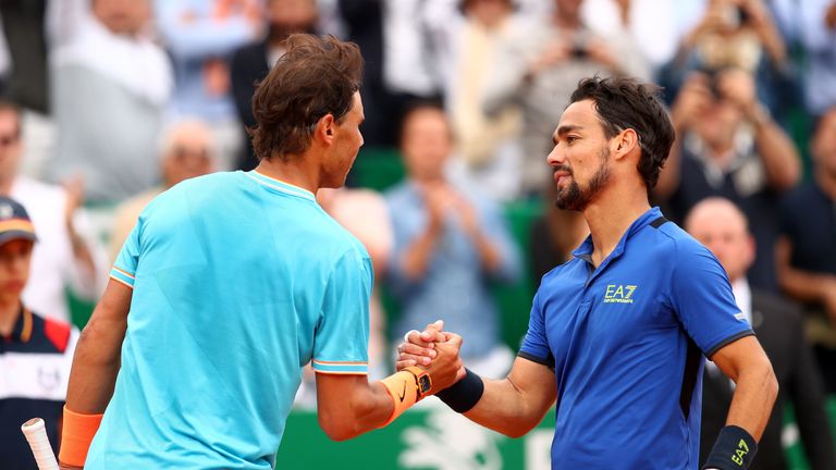 Fabio Fognini of Italy shakes hands at the net after his straight set victory against Rafael Nadal of Spain in their semifinal match during day seven of the Rolex Monte-Carlo Masters at Monte-Carlo Country Club on April 20, 2019 in Monte-Carlo, Monaco.
