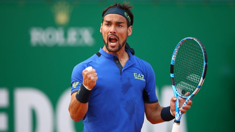 Fabio Fognini of Italy celebrates a point against Alexander Zverev of Germany in their third round match during day five of the Rolex Monte-Carlo Masters at Monte-Carlo Country Club on April 18, 2019 in Monte-Carlo, Monaco.