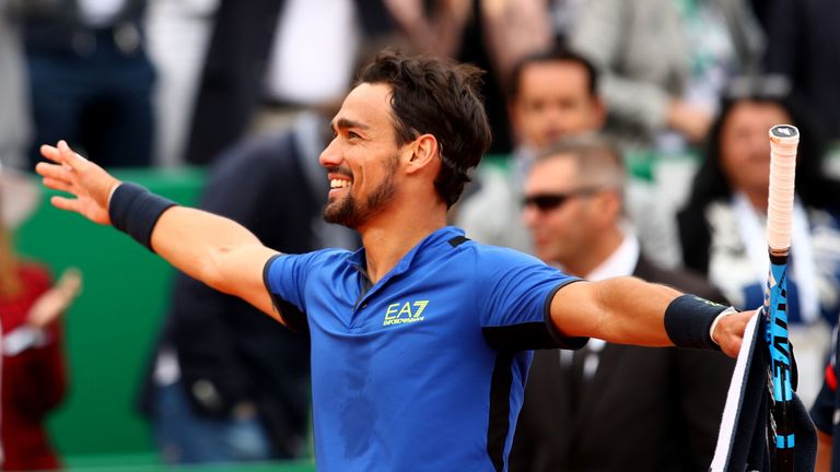 Fabio Fognini of Italy celebrates his straight set victory against Rafael Nadal of Spain in their semifinal match during day seven of the Rolex Monte-Carlo Masters at Monte-Carlo Country Club on April 20, 2019 in Monte-Carlo, Monaco.