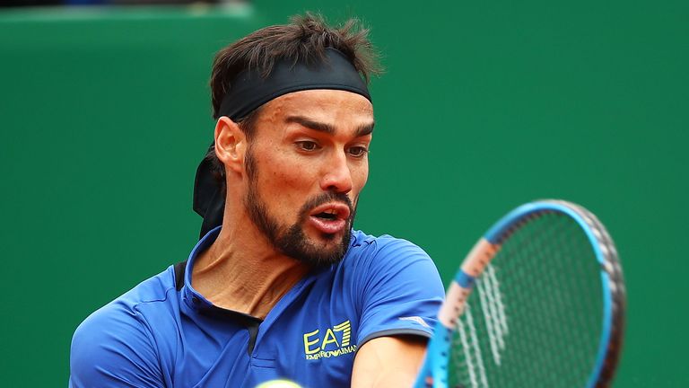 Fabio Fognini of Italy plays a backhand against Dusan Lajovic of Serbia in the men's singles final during day eight of the Rolex Monte-Carlo Masters at Monte-Carlo Country Club on April 21, 2019 in Monte-Carlo, Monaco.
