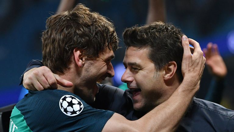 Fernando Llorente and Mauricio Pochettino celebrate after Tottenham's Champions League triumph over Manchester City
