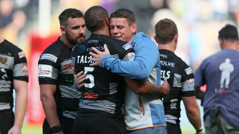 Picture by Paul Currie/SWpix.com - 18/06/2017 - Rugby League - Ladbrokes Challenge Cup - Hull FC v Castleford Tigers - The KCOM Stadium, Hull, England - Hull Fc coach Lee Radford celebrates with Fetuli Talanoa of Hull FC at the end of the match