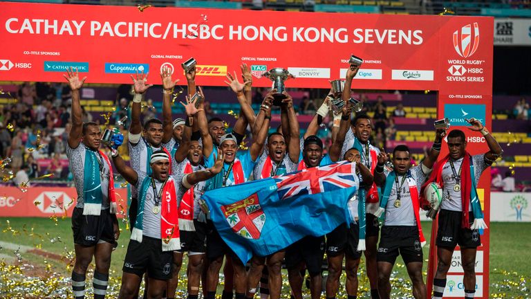 Fiji celebrate after winning the Cup final against France o