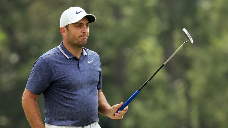 Francesco Molinari of Italy acknowledges patrons on the 18th green during the second round of the Masters at Augusta National Golf Club on April 12, 2019 in Augusta, Georgia.