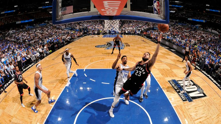 Fred VanVleet of the Toronto Raptors shoots off balance shot against the Orlando Magic during Game Four of Round One of the 2019 NBA Playoffs