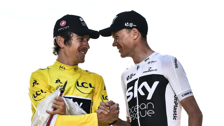 Froome, right, congratulates Thomas on his Tour de France victory in 2018