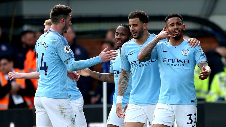 Gabriel Jesus celebrates scoring Manchester City's third against Crystal Palace