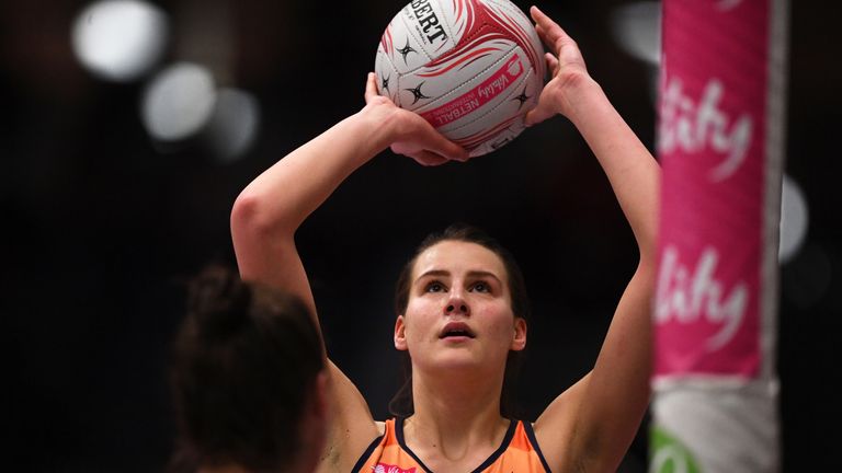 Georgia Rowe of Severn Stars prepares to shoot during the Vitality Netball Superleague match between Severn Stars and Saracens Mavericks at the University of Worcester Arena on March 04, 2019 in Worcester, England.