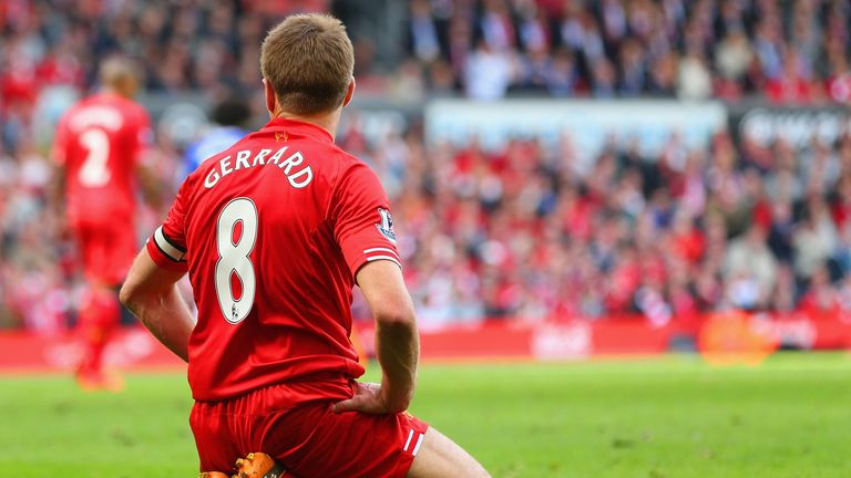 Liverpool midfielder Steven Gerrard reacts after slipping against Chelsea in 2014