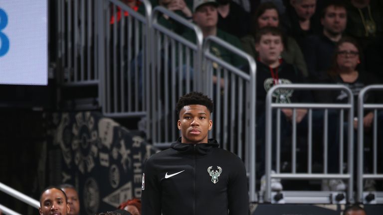 Giannis Antetokounmpo #34 of the Milwaukee Bucks looks on during the game against the Brooklyn Nets on April 6, 2019 at the Fiserv Forum Center in Milwaukee, Wisconsin.