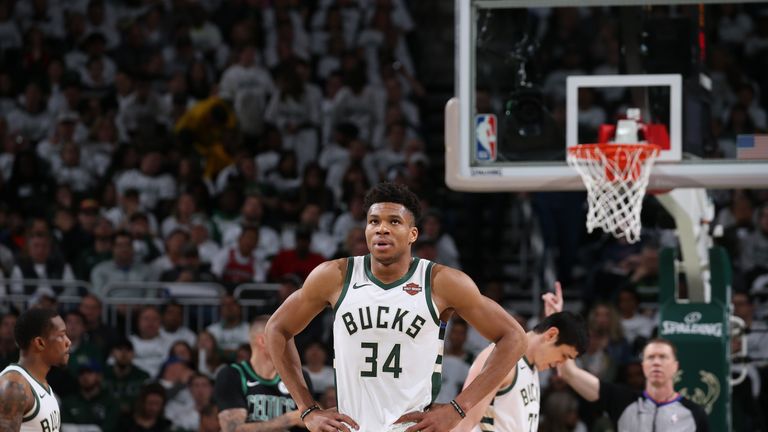 Giannis Antetokounmpo #34 of the Milwaukee Bucks looks on against the Boston Celtics during Game One of the Eastern Conference Semi-Finals of the 2019 NBA Playoffs on April 28, 2019 at the Fiserv Forum.