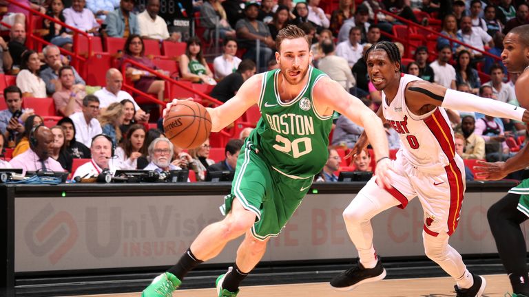 Gordon Hayward #20 of the Boston Celtics handles the ball against the Miami Heat on April 3, 2019 at American Airlines Arena in Miami, Florida.