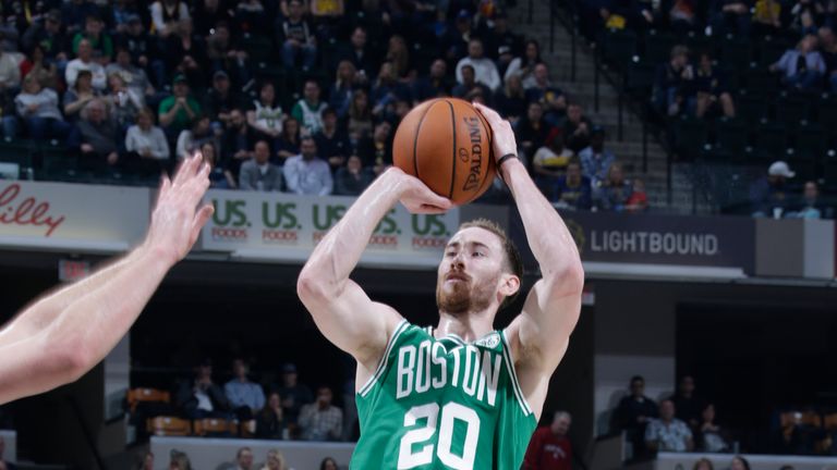 Gordon Hayward #20 of the Boston Celtics shoots the ball against the Indiana Pacers on April 5, 2019 at Bankers Life Fieldhouse in Indianapolis, Indiana.