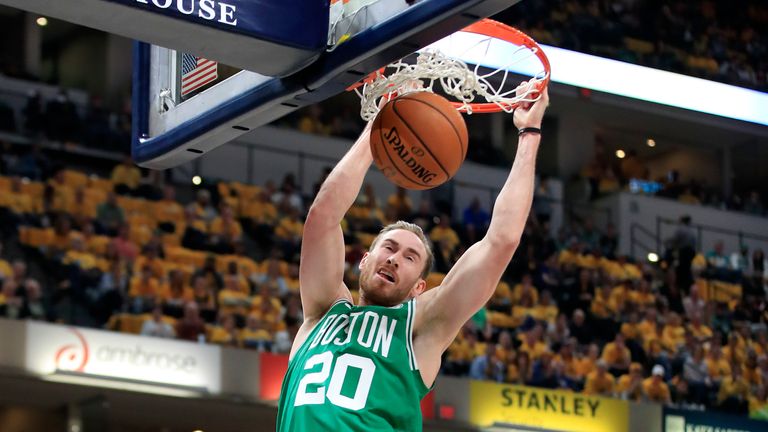 Gordon Hayward #20 of the Boston Celtics dunks the ball against the Indiana Pacers in game four of the first round of the 2019 NBA Playoffs at Bankers Life Fieldhouse on April 21, 2019 in Indianapolis, Indiana.