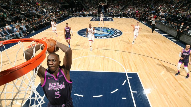 Gorgui Dieng #5 of the Minnesota Timberwolves dunks the ball against the Miami Heat on April 5, 2019 at Target Center in Minneapolis, Minnesota.