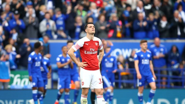 Granit Xhaka cuts a frustrated figure after Arsenal's third successive Premier League defeat at the King Power Stadium