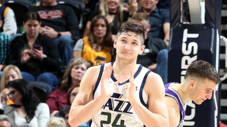 Grayson Allen #24 of the Utah Jazz reacts against the Sacramento Kings on April 5, 2019 at vivint.SmartHome Arena in Salt Lake City, Utah.