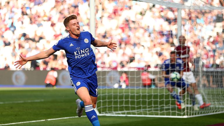 Harvey Barnes celebrates his late equaliser against West Ham at London Stadium