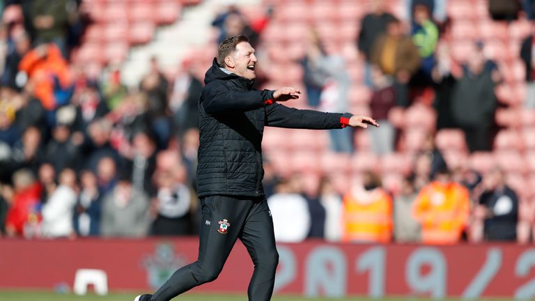  Ralph Hasenhuttl gestures to the crowd at the end of the English Premier League football match between Southampton and Bournemouth
