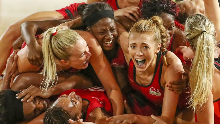 Helen Housby and England celebrate winning the Netball Gold Medal Match between England and Australia on day 11 of the Gold Coast 2018 Commonwealth Games at Coomera Indoor Sports Centre on April 15, 2018