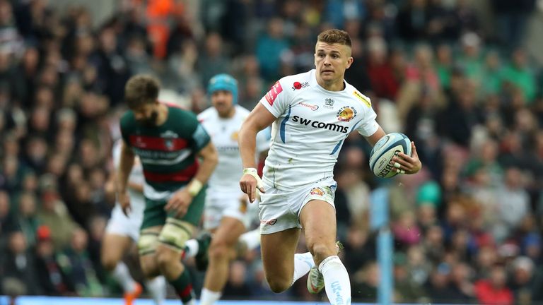 Henry Slade breaking away for Exeter at Welford Road