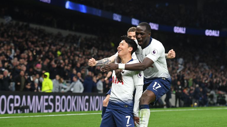 Heung-min Son celebrates with Moussa Sissoko and Kieran Trippier after putting Spurs ahead