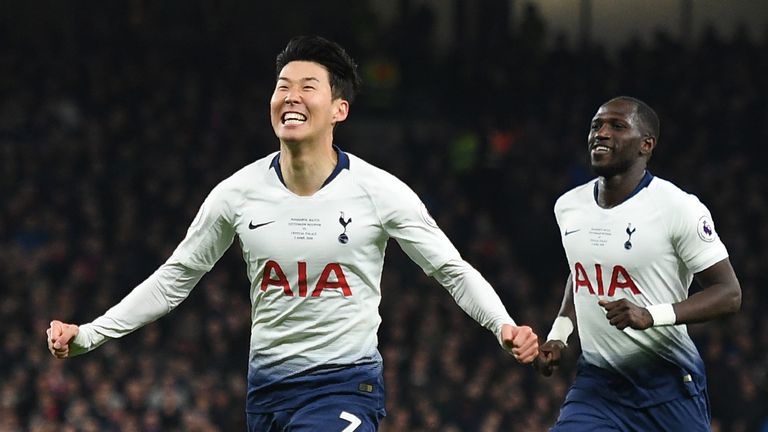 Heung-min Son celebrates after putting Spurs ahead. The first goal scored at their new stadium