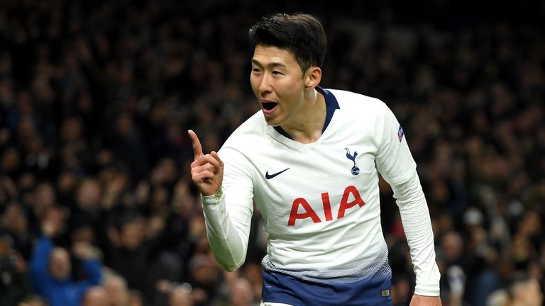 Heung-Min Son celebrates scoring for Tottenham against Manchester City 