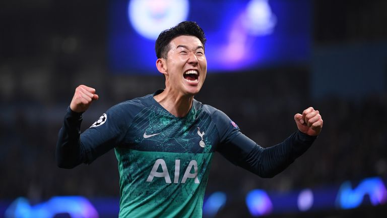 Heung-Min Son celebrates after Tottenham's Champions League triumph over Manchester City