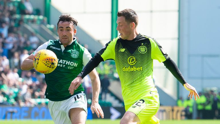 Hibernian’s Stevie Mallan and Celtic’s Callum McGregor chase down the ball
