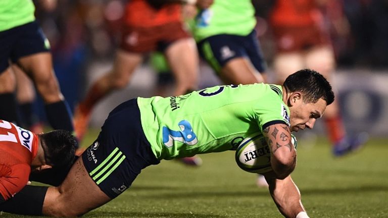 Rob Thompson crosses the line for the Highlanders during their one-sided win in Japan