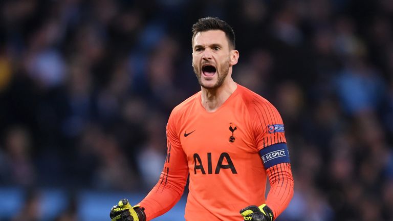 Hugo Lloris celebrates the first of Son&#39;s two strikes in the opening period