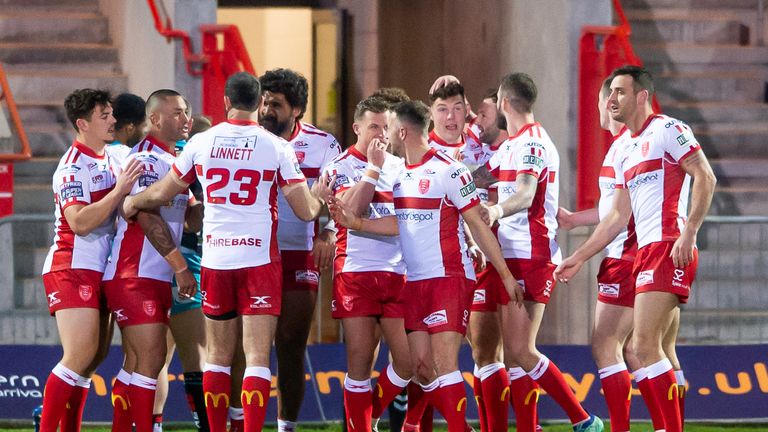 Hull KR celebrate Danny McGuire's try against his former club on Thursday