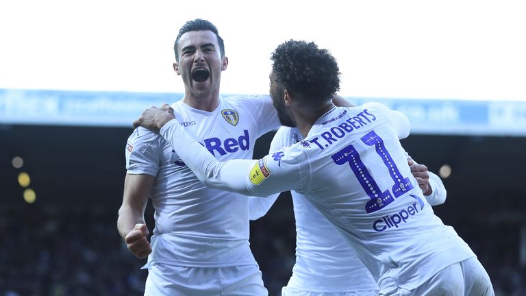 Leeds United's Jack Harrison celebrates scoring the first goal of the game at Elland Road
