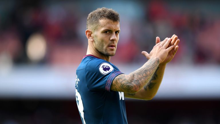 Jack Wilshere of West Ham United shows appreciation to the crowds after the Premier League match between Arsenal FC and West Ham United at Emirates Stadium on August 25, 2018 in London, United Kingdom. 