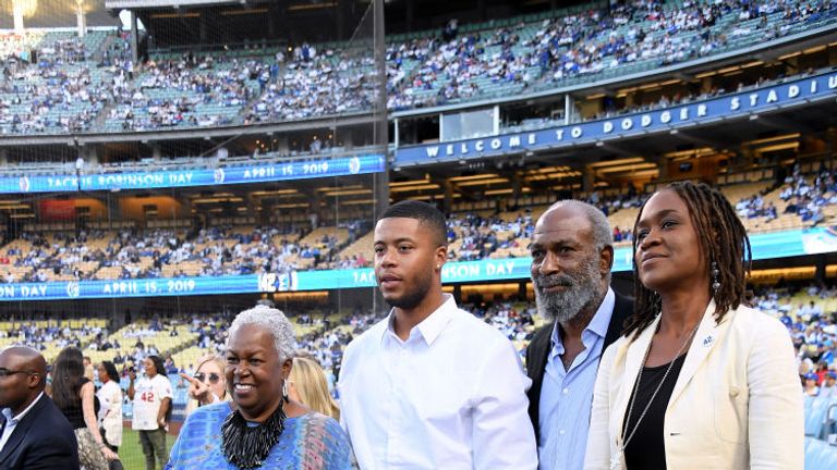 The Jackie Robinson family pose for a photo before the game between the Cincinnati Reds and the Los Angeles Dodgers on Jackie Robinson Day at Dodger Stadium on April 15, 2019 in Los Angeles, California